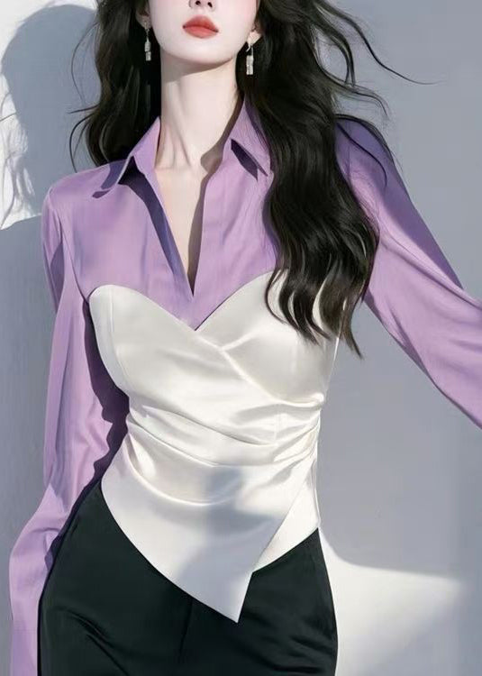 Silk Pan Spring Red Peter Chic Patchwork Collar Shirt