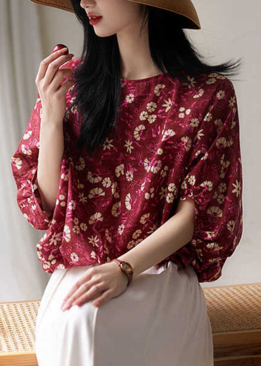 Chic Red Print Lace Up Cotton T Shirt Half Sleeve OP1001