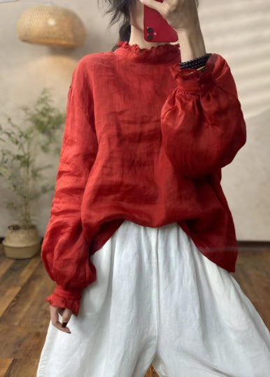 Chic Red Ruffled Linen Blouses Lantern Sleeve YH024