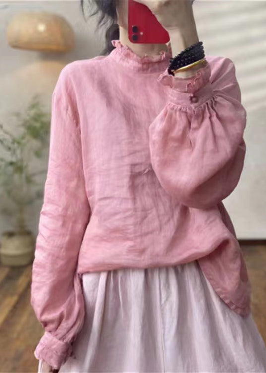 Chic Red Ruffled Linen Blouses Lantern Sleeve YH024