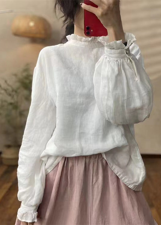 Chic Red Ruffled Linen Blouses Lantern Sleeve YH024
