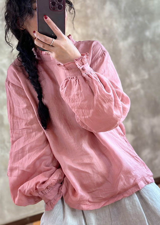 Chic Red Ruffled Linen Blouses Lantern Sleeve YH024
