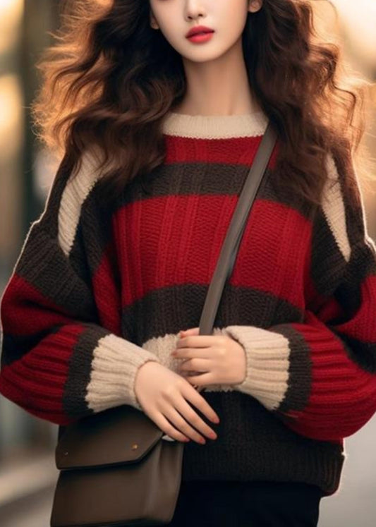 Chic Red Striped Cozy Patchwork Knit Sweater Winter WX029