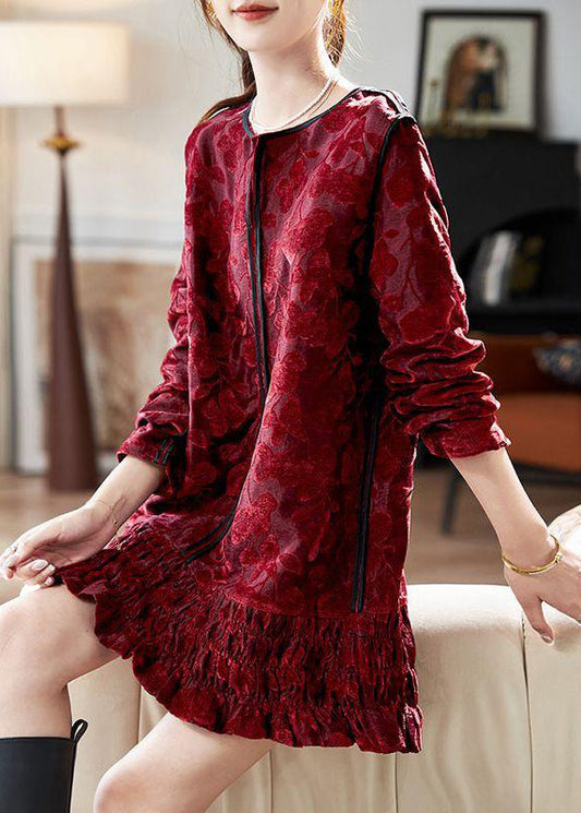 Chic Silk Ruffled Velvet Neck Long Vacation Red V Dresses Mid