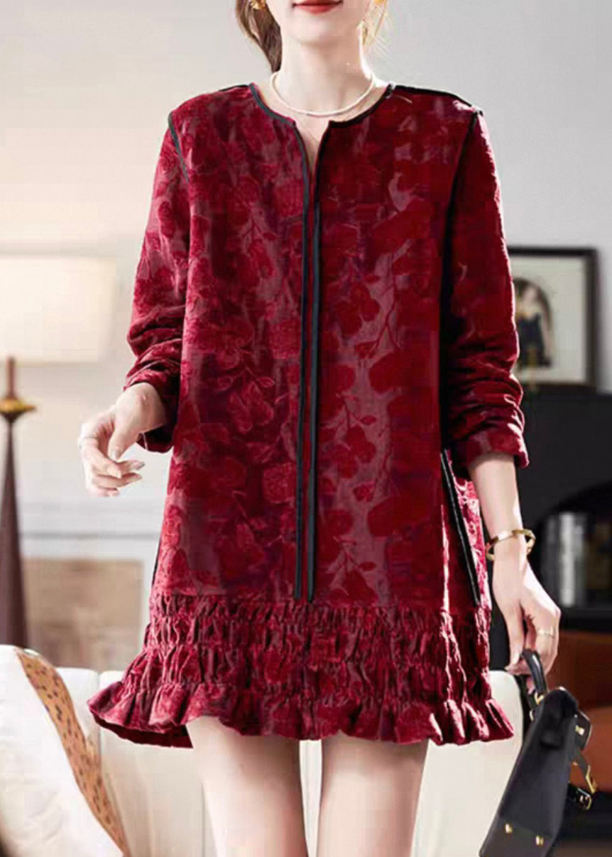 Chic Silk Ruffled Velvet Neck Long Vacation Red V Dresses Mid