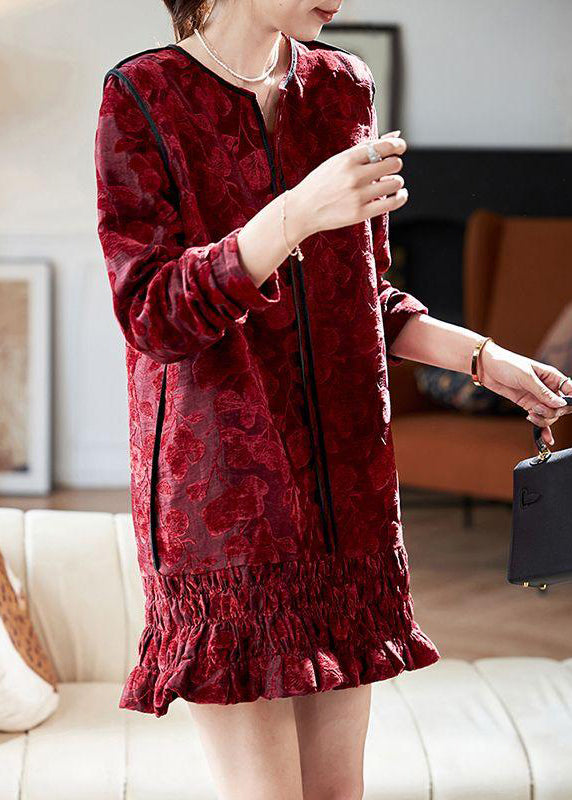 Chic Silk Ruffled Velvet Neck Long Vacation Red V Dresses Mid