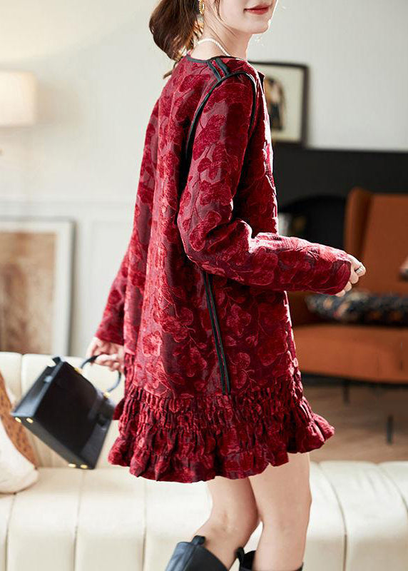 Chic Silk Ruffled Velvet Neck Long Vacation Red V Dresses Mid