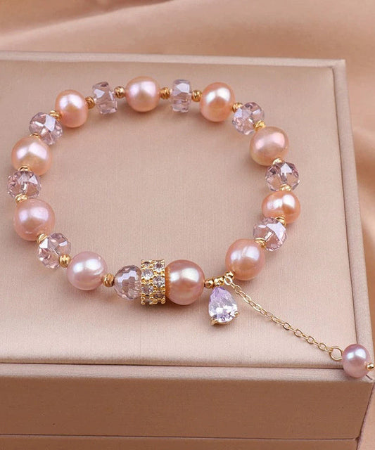 Chic Rose Gold Alloy Pearl Crystal Beading Tassel Charm Bracelet WF025