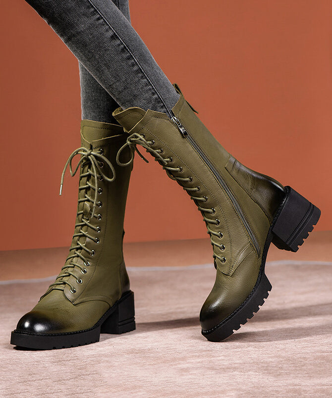 Chic Splicing Chunky Boots Green Cowhide Leather Lace Up RD005