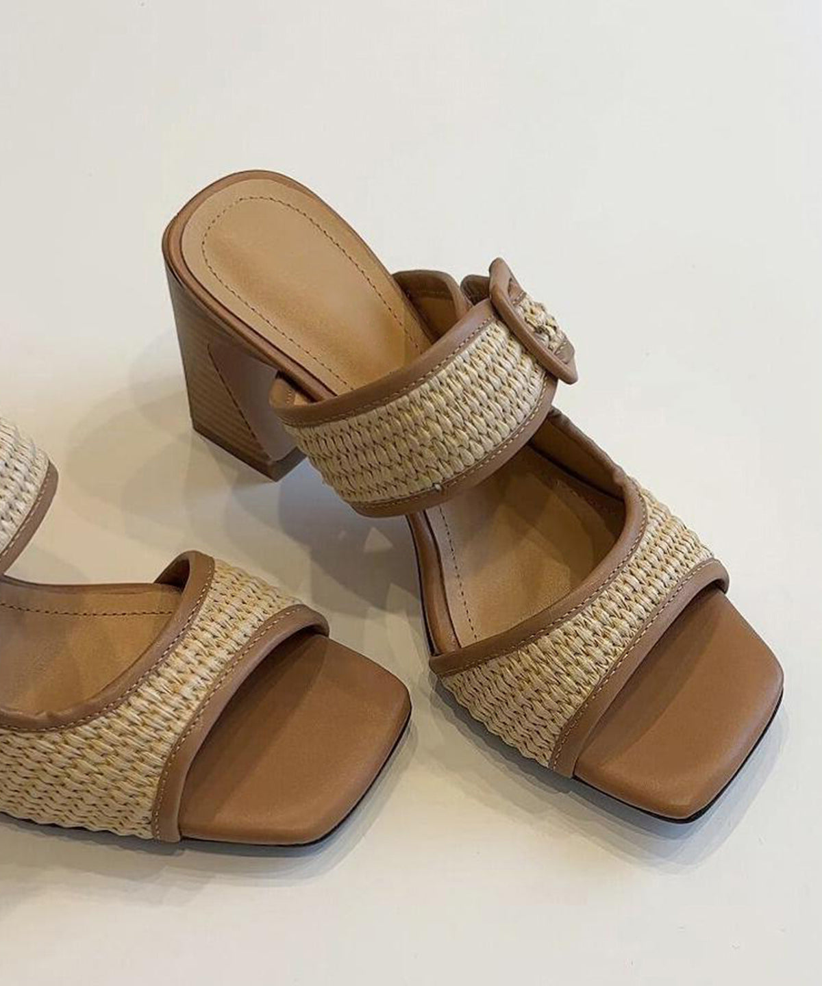 Faux Heel Chic Splicing Sandals Leather Chunky Slide Brown