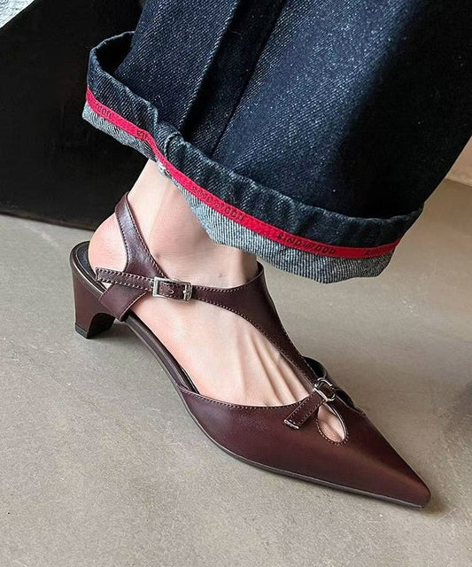 Brown Chic Sandals Splicing Cowhide Hollow Out Leather Chunky