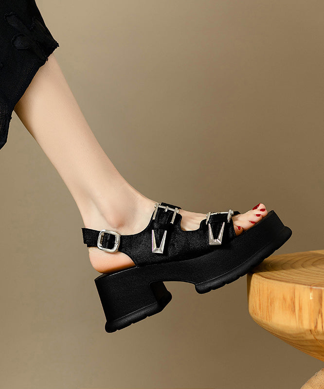 Toe Peep Splicing Leather Black Chunky Cowhide Sandals Chic
