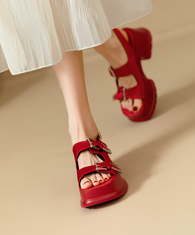 Toe Peep Splicing Leather Black Chunky Cowhide Sandals Chic