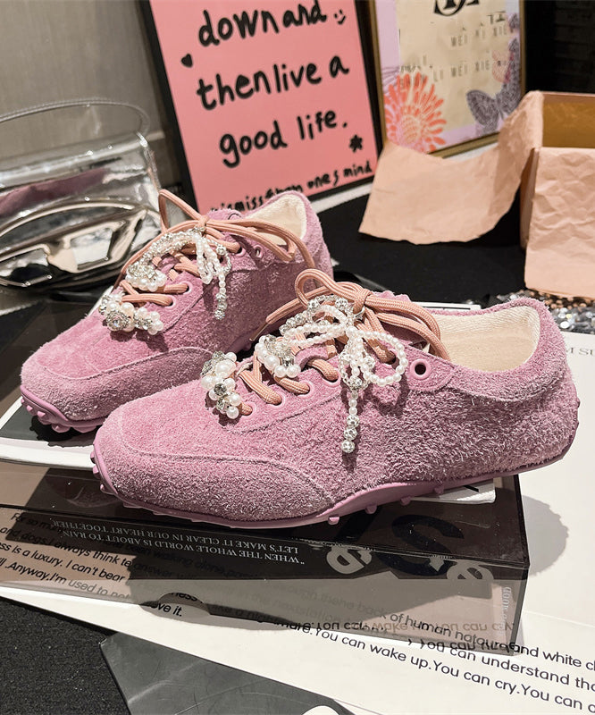 Suede Chic Lace Splicing Zircon Purple Up Pearl Flats