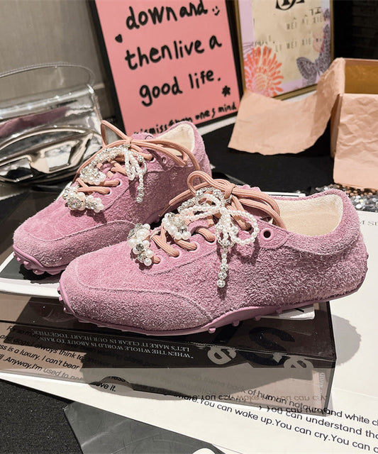 Suede Chic Lace Splicing Zircon Purple Up Pearl Flats