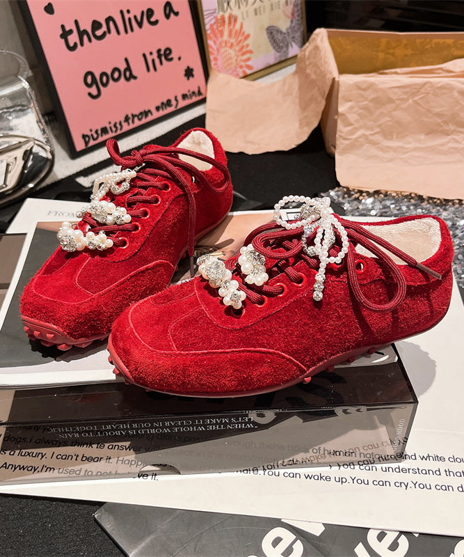 Suede Chic Lace Splicing Zircon Purple Up Pearl Flats