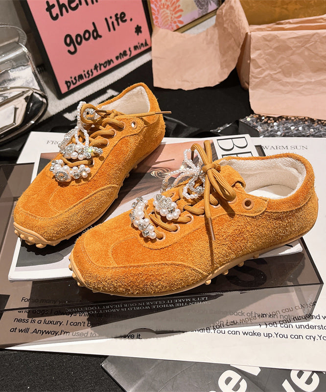 Suede Chic Lace Splicing Zircon Purple Up Pearl Flats