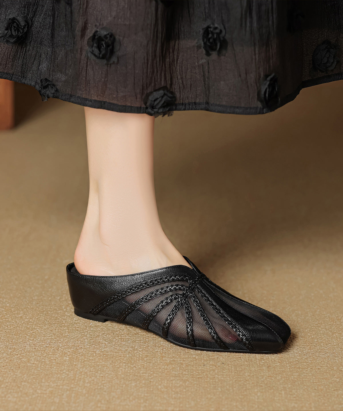 Wedge Cowhide Splicing Sandals Tulle Chic Slide Leather Gold