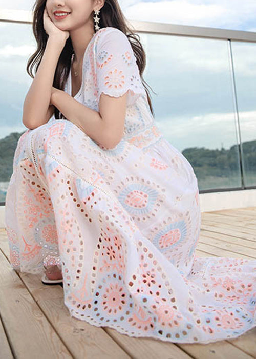 Linen V Dress Neck Hollow Out Summer Long Chic