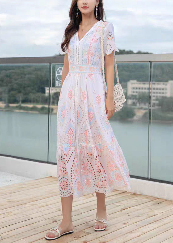 Linen V Dress Neck Hollow Out Summer Long Chic