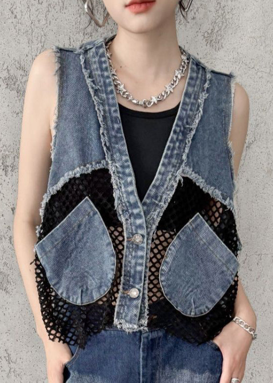 Denim V Patchwork Neck Chic Breathable Mesh Pockets Vest