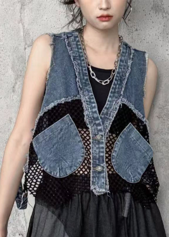 Denim V Patchwork Neck Chic Breathable Mesh Pockets Vest