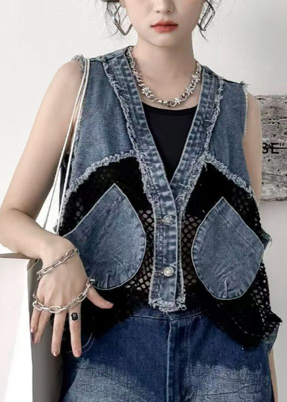Denim V Patchwork Neck Chic Breathable Mesh Pockets Vest