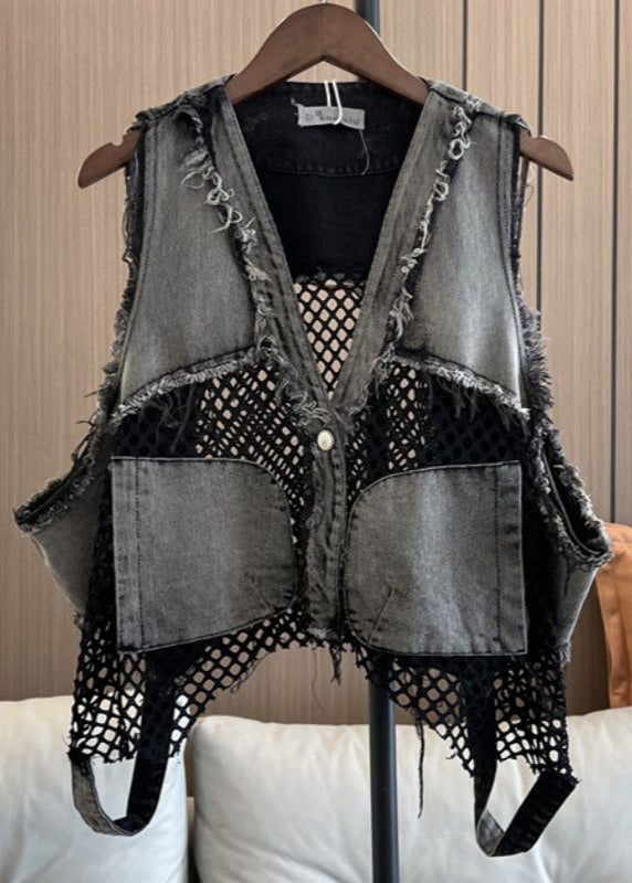 Denim V Patchwork Neck Chic Breathable Mesh Pockets Vest