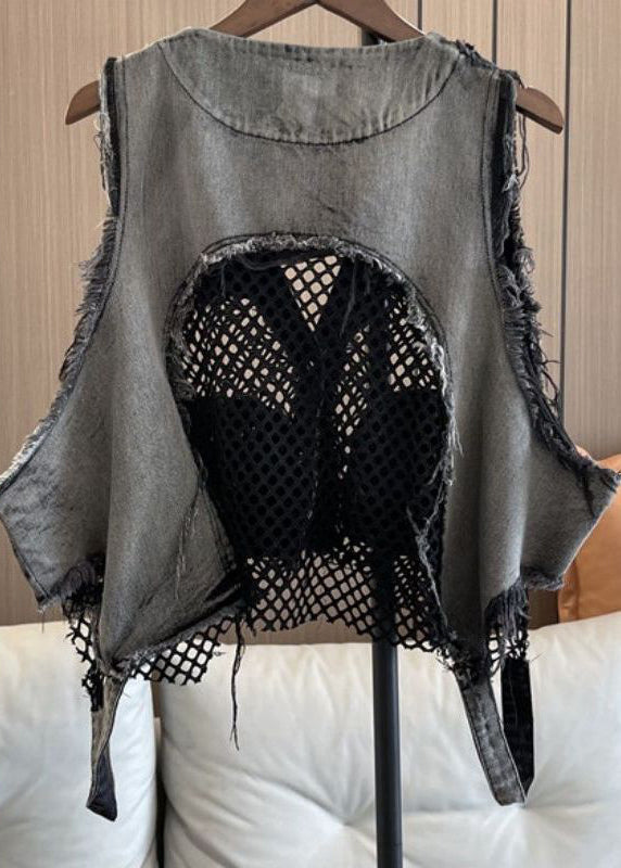 Denim V Patchwork Neck Chic Breathable Mesh Pockets Vest