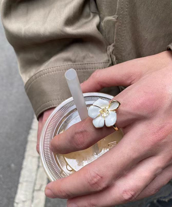 Copper Rings Zircon Overgild Open Floral Chic White