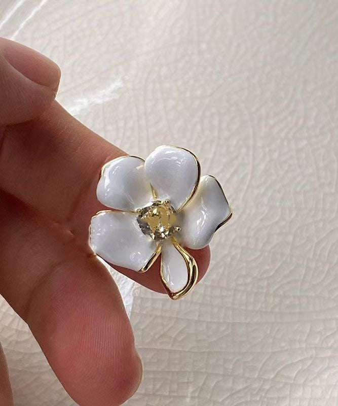 Copper Rings Zircon Overgild Open Floral Chic White