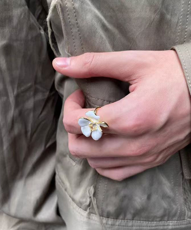 Copper Rings Zircon Overgild Open Floral Chic White