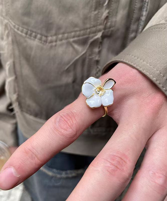 Copper Rings Zircon Overgild Open Floral Chic White