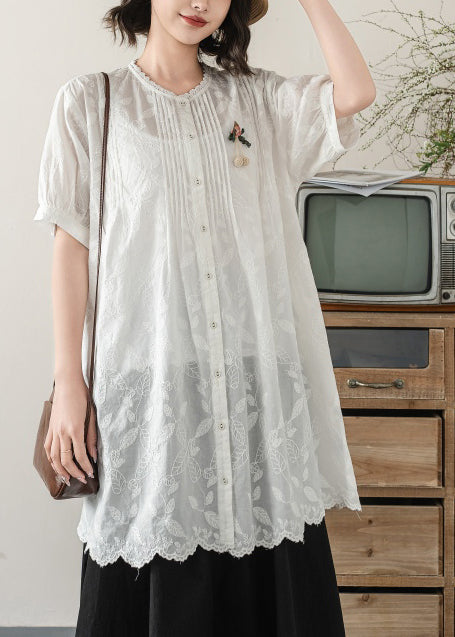 Long Summer Embroidered Cotton White Blouses Chic