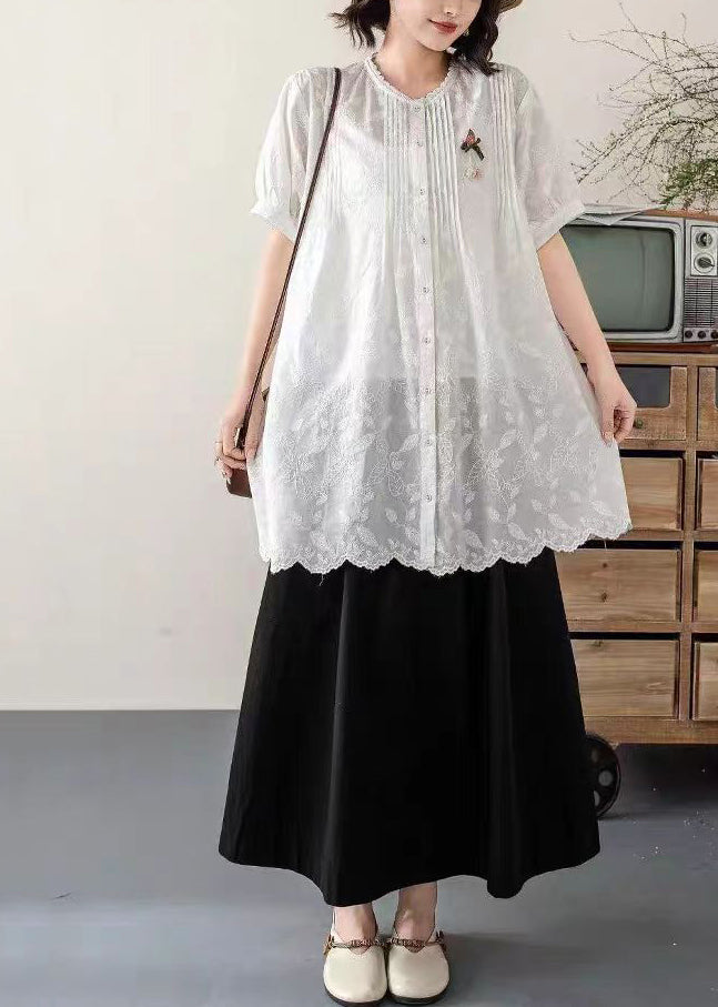 Long Summer Embroidered Cotton White Blouses Chic