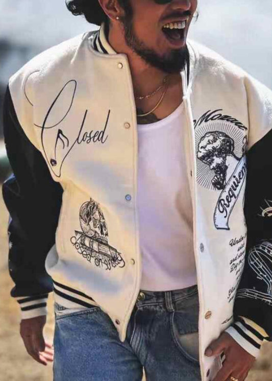 Chic White Embroideried Faux Leather Patchwork Thick Mens Parka Spring TC058