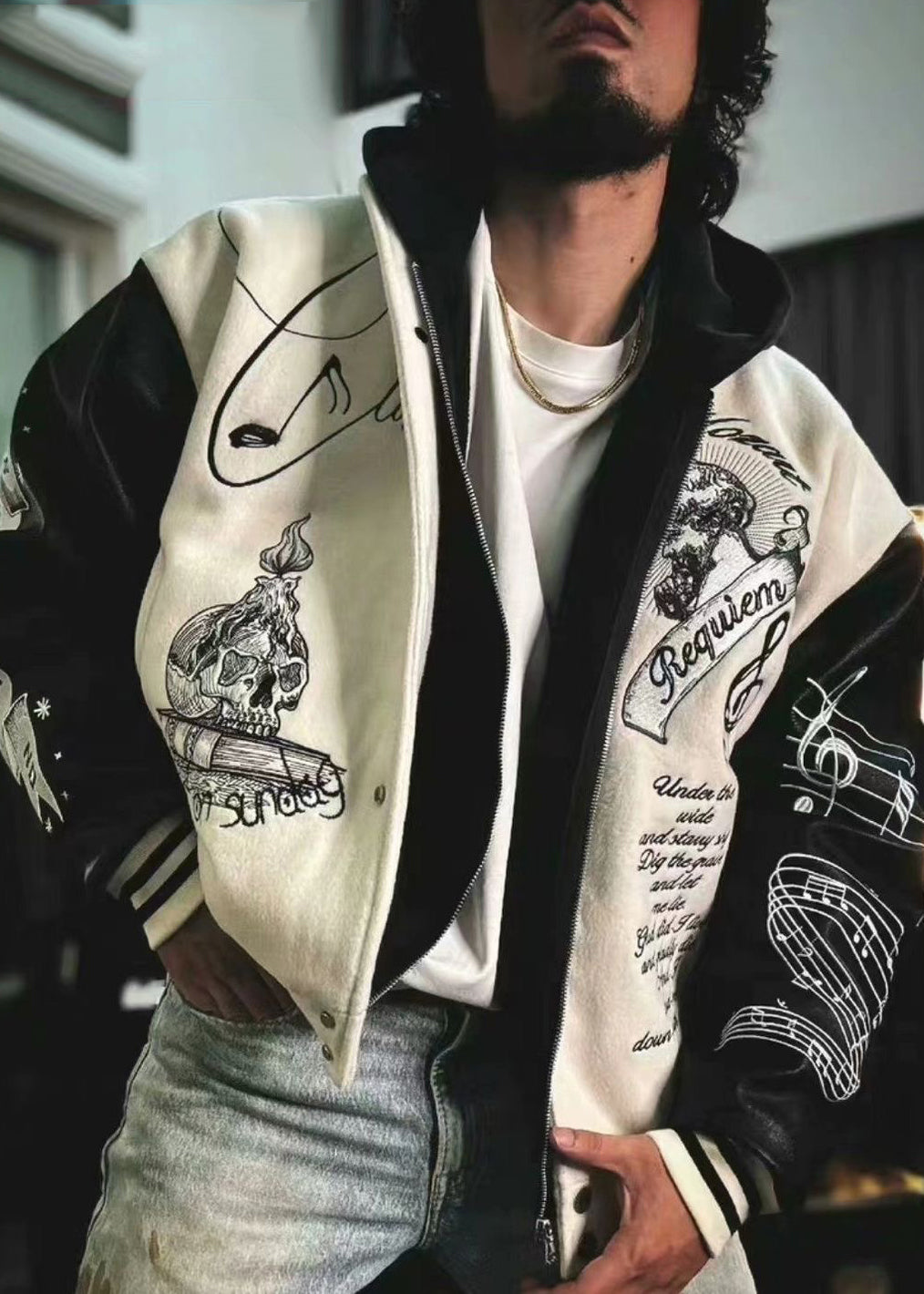 Chic White Embroideried Faux Leather Patchwork Thick Mens Parka Spring TC058