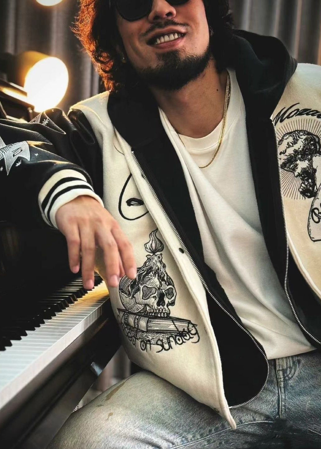 Chic White Embroideried Faux Leather Patchwork Thick Mens Parka Spring TC058