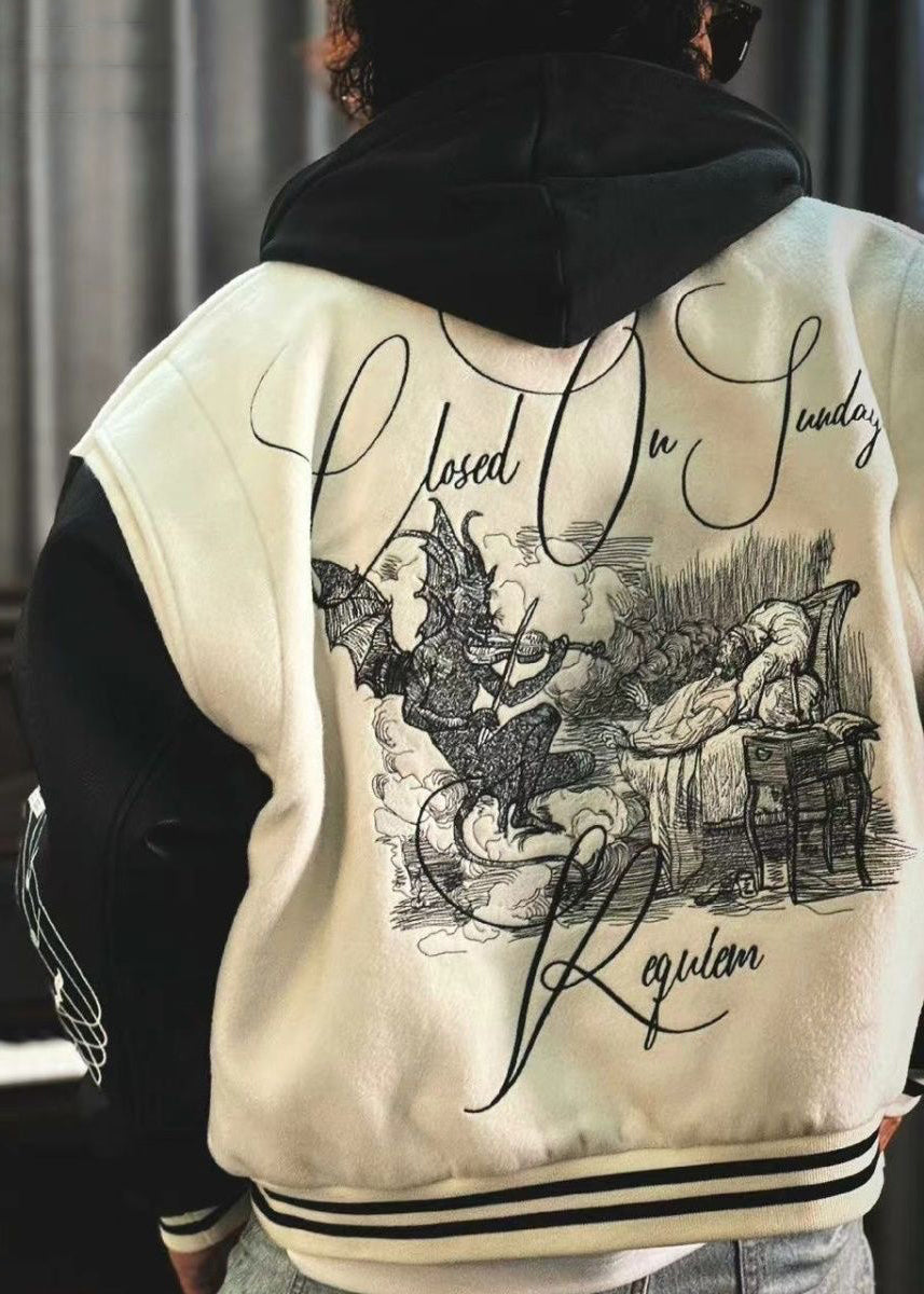 Chic White Embroideried Faux Leather Patchwork Thick Mens Parka Spring TC058