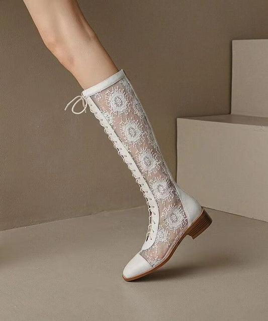 Bottes épaisses à lacets ajourés blanches chics JJ073