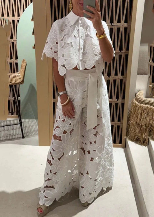 Two Chic Leg Hollow Shirts Out Set White Wide Pieces Pants And