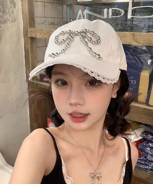 Cap Bow Lace Chic White Versatile Hat Baseball