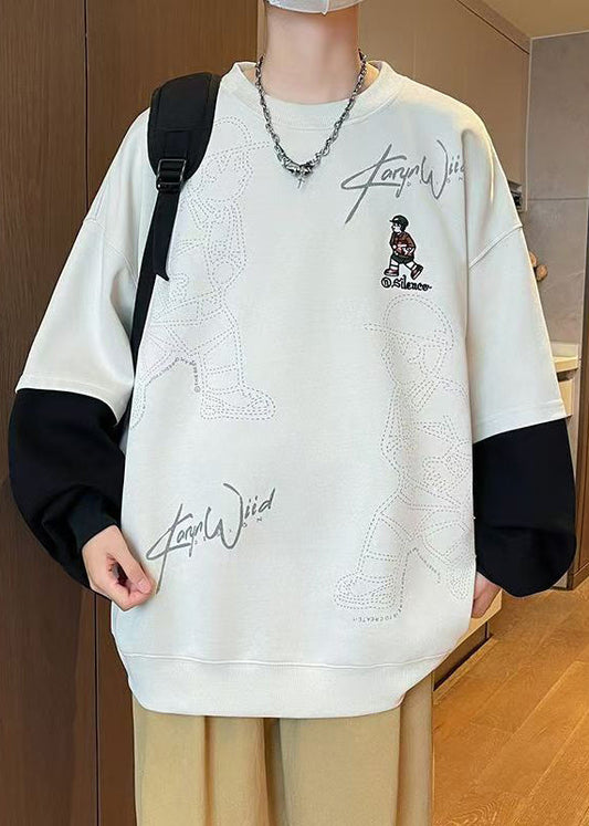 Patchwork Sweatshirts O Neck Chic Cotton Mens Spring White Print