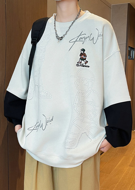 Patchwork Sweatshirts O Neck Chic Cotton Mens Spring White Print
