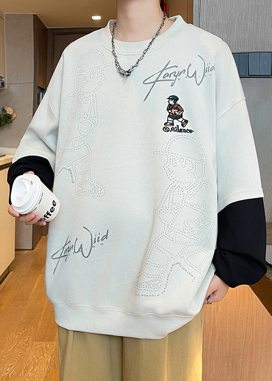 Patchwork Sweatshirts O Neck Chic Cotton Mens Spring White Print