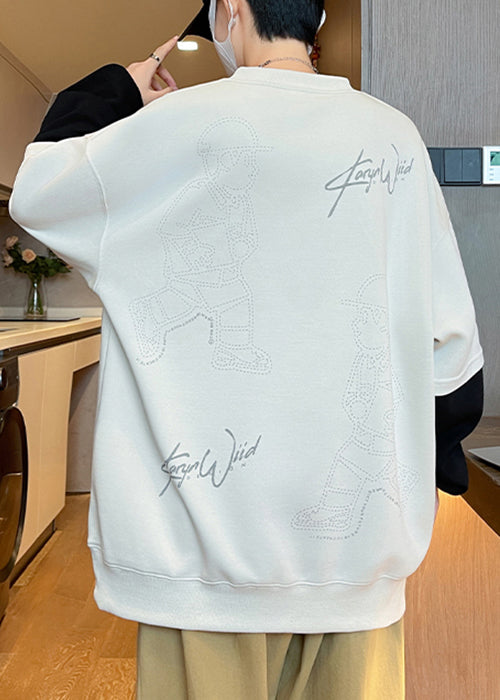 Patchwork Sweatshirts O Neck Chic Cotton Mens Spring White Print
