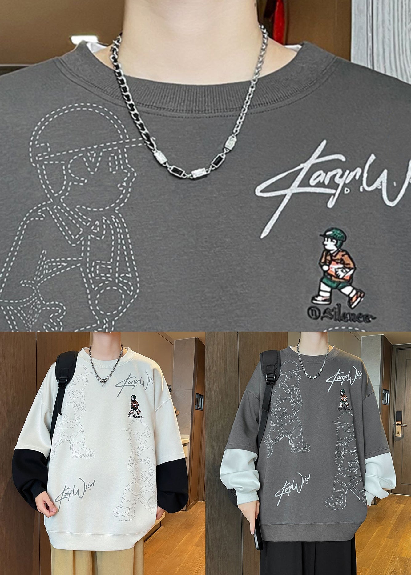 Patchwork Sweatshirts O Neck Chic Cotton Mens Spring White Print