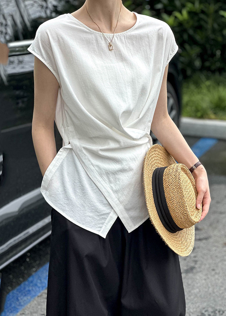 Chic White Patchwork Button T Shirt Short Sleeve QE058