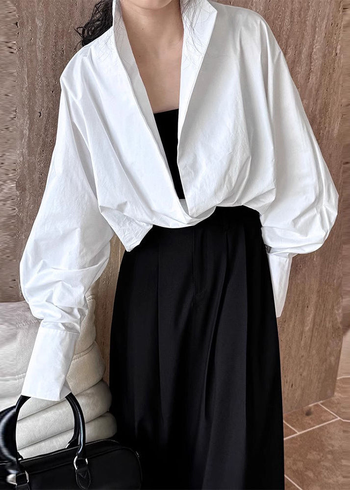 Solid Spring Chic Stand Shirts Collar White