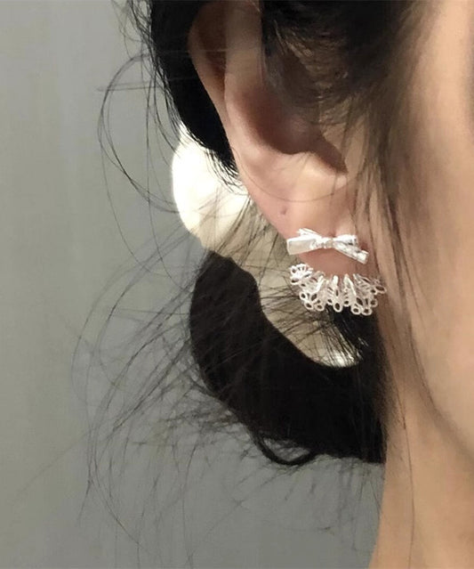 Earrings Chic Patchwork Stud Alloy Bow Sterling White Silver Lace